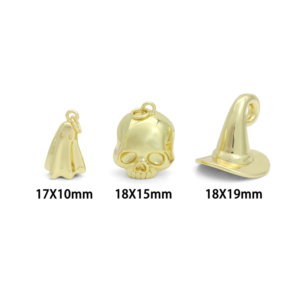 Gold Ghost Skull Witch Hat Charm, Halloween Charm, Sku#Y1067