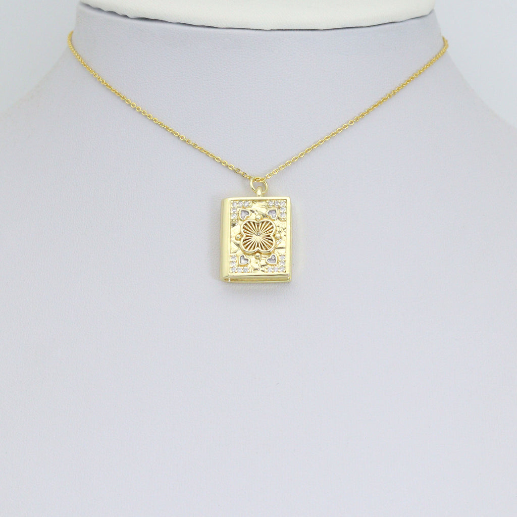 Gold Rectangular Floral Frame Pendant with heart, flower rectangle charm, Sku#Y1072