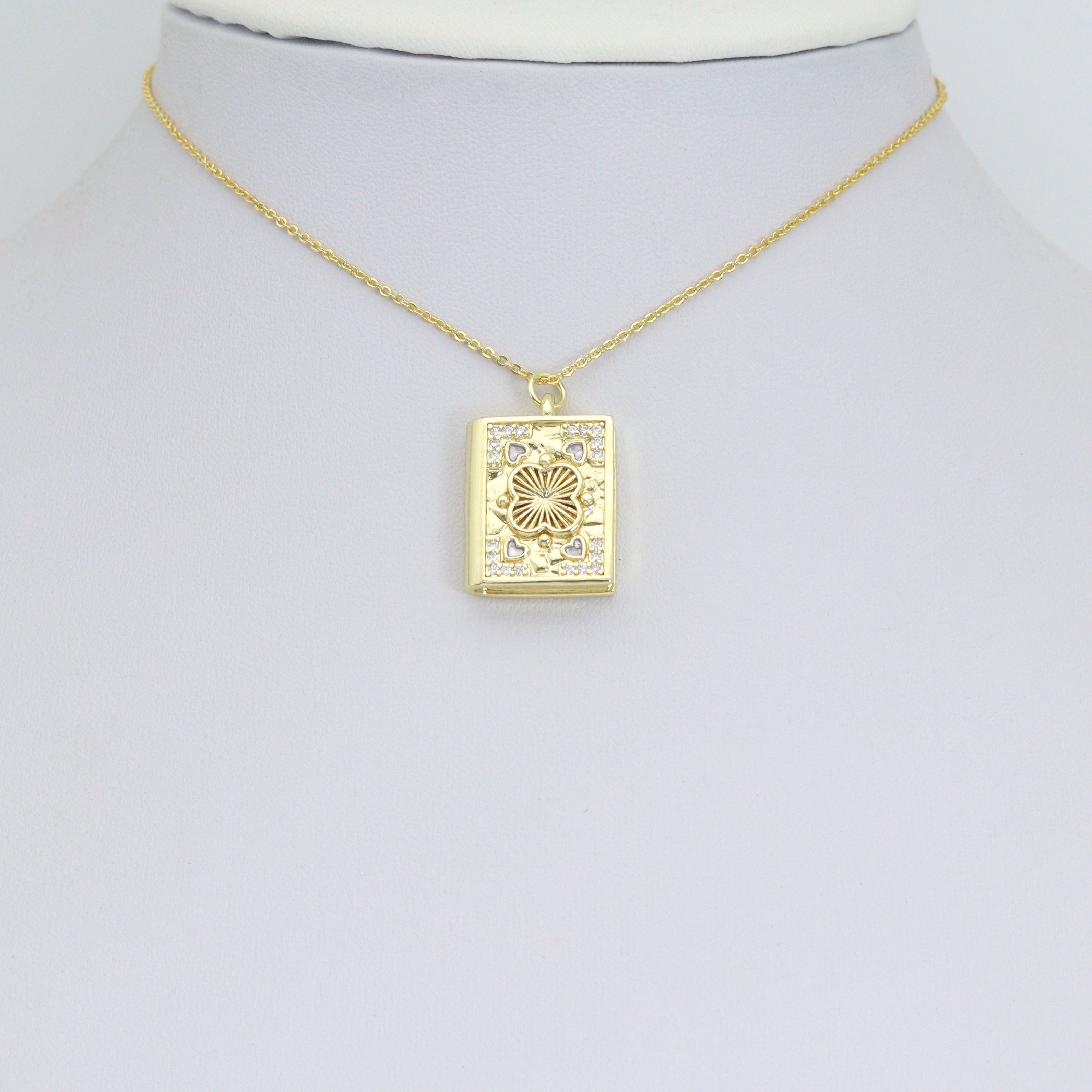 Gold Rectangular Floral Frame Pendant with heart, flower rectangle charm, Sku#Y1072