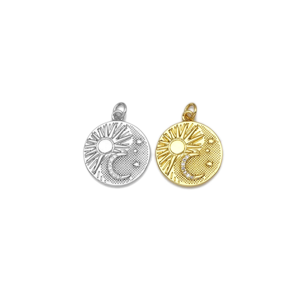 CZ Micro Pave Sun Cresent Moon Star On Round Coin Shape Pendant,18k Gold Filled Medallion Charm, Necklace Bracelet Pendant,18x21mm,Sku#Z1404