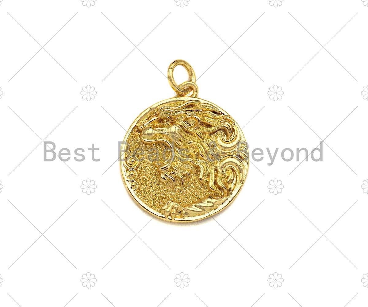 Embossed Lion Head On Round Coin Shape Pendant, 18K Gold Medallion Charm,Necklace Bracelet Charm Pendant,18x20mm,Sku#Z1326