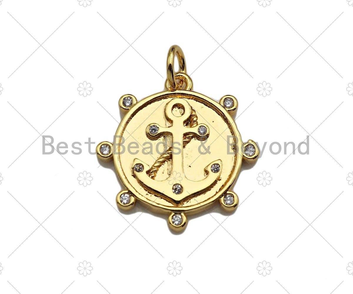 CZ Micro Pave Boat Anchor Coin Pendant/Charm,Sku#L384