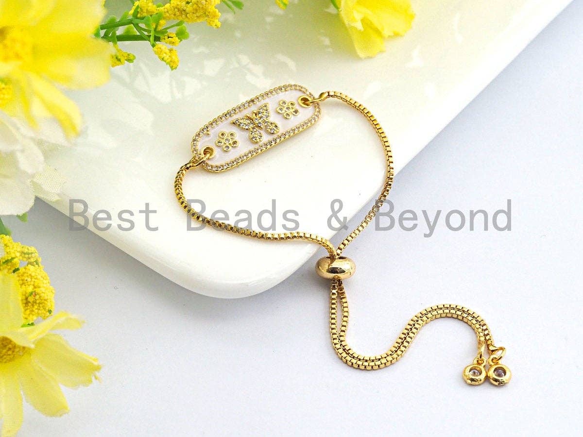 White Enamel Butterfly Flower Oval Bar Connector ,CZ Micro Pave Oil Drop Connector, Enamel Jewelry,11x29mm,sku#Z612
