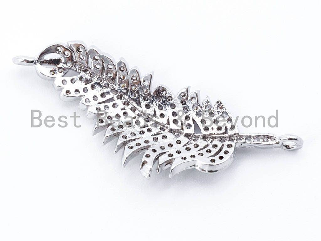 CZ Micro Pave Feather Leaf Link Connector, Clear Cubic Zirconia Pave Gold/Rose Gold Charms,14x43mm,1 pc/2pcs sku#E122