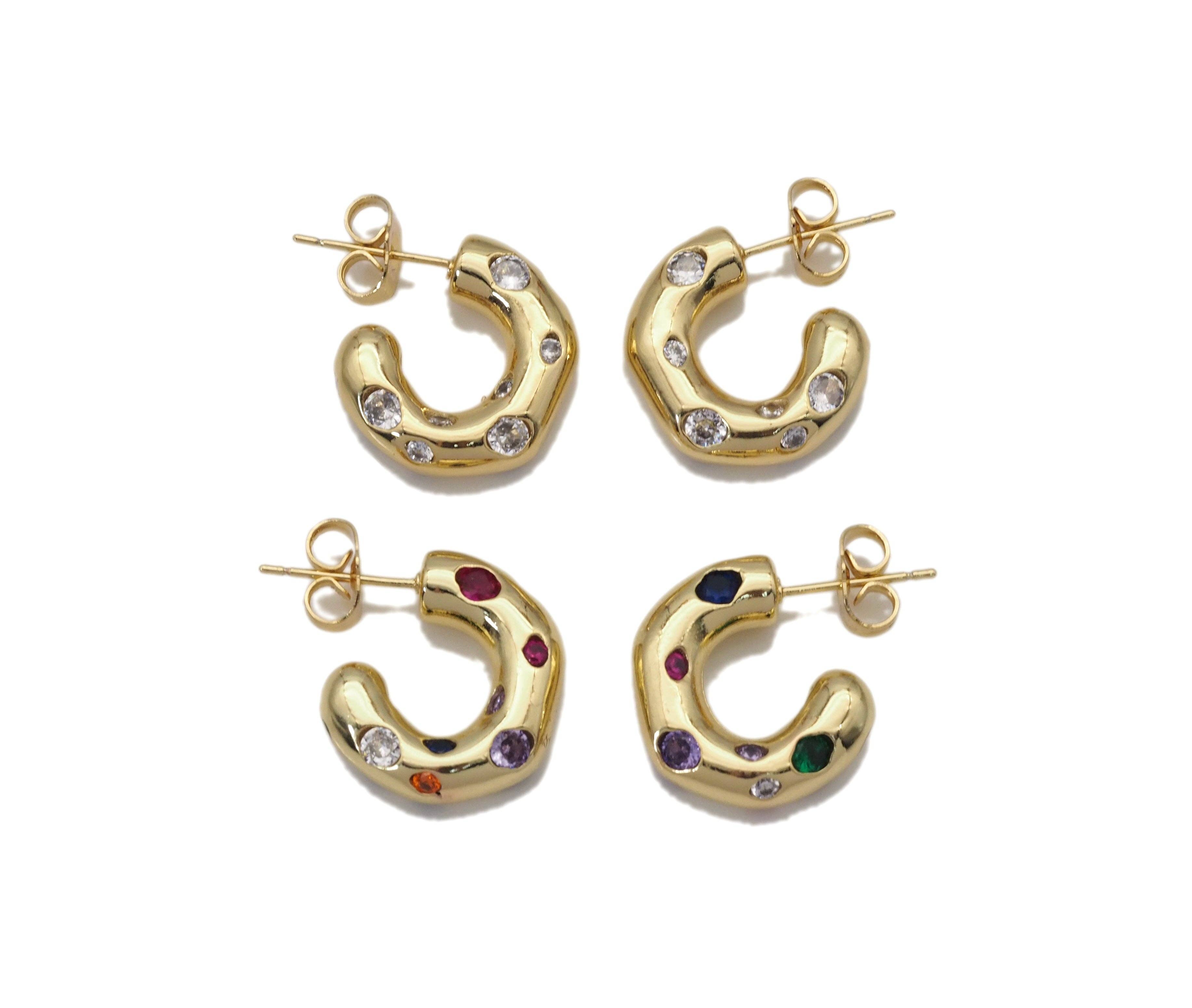 Rainbow Diamond CZ Thick Huggie Earrings, chunky earrings, Sku#LX189