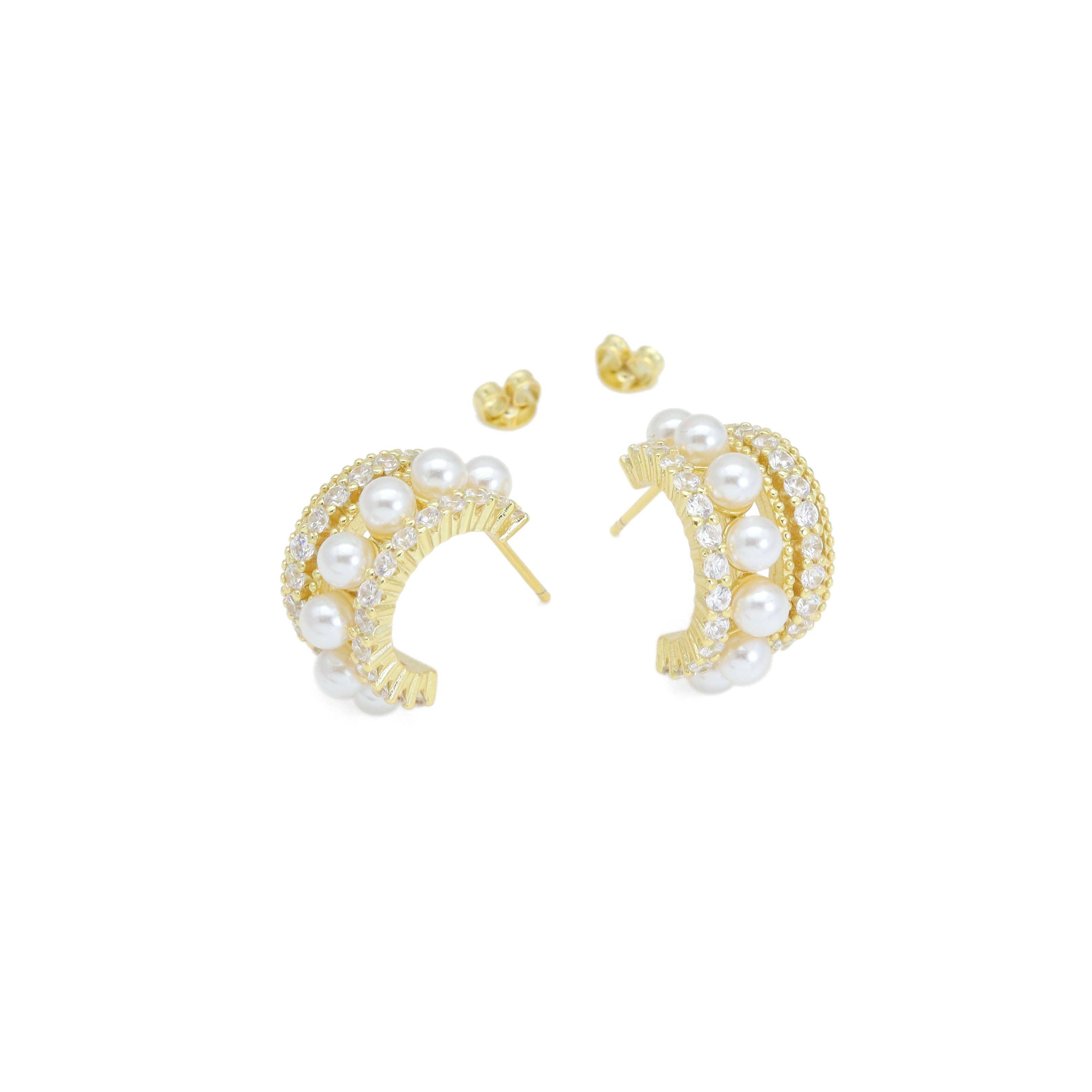Gold Silver CZ Pave Pearl Middle Line Huggie Earrings, Sku#ML78