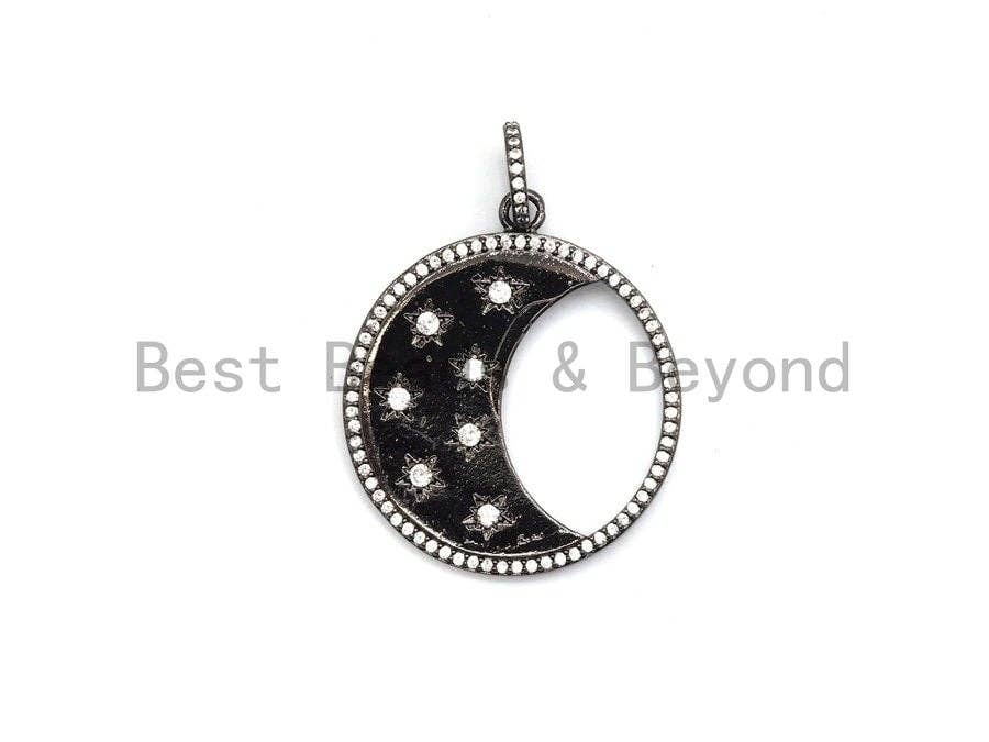 CZ Micro Pave Hollow Round With Moon Star Pendant ,Gold/Silver/Black/Rose Gold ,Cubic Zirconia Jewelry Findings,30x34mm,sku#F700