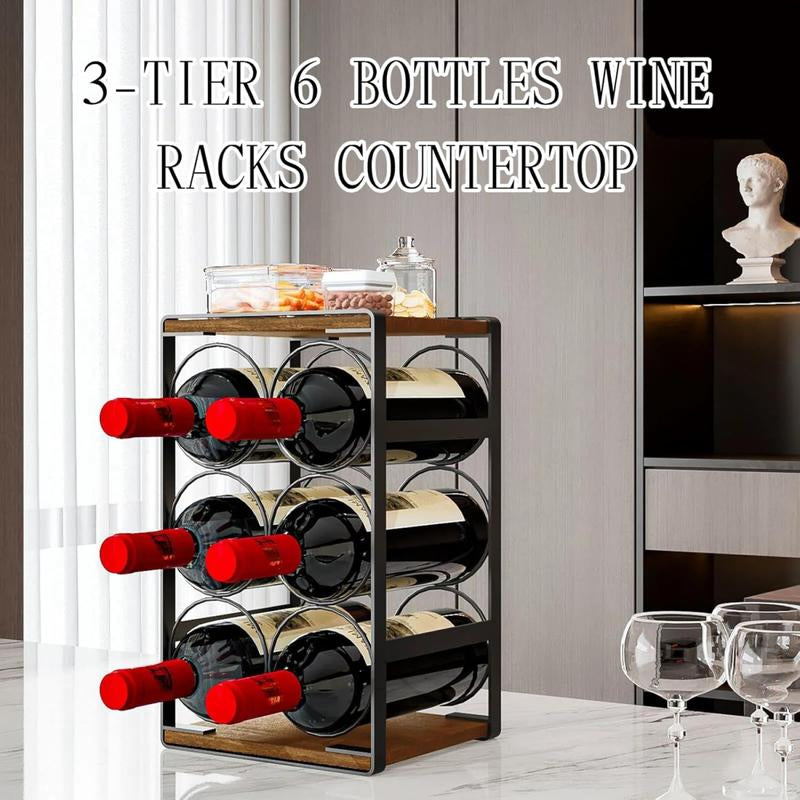 SUOERNUO Wood Countertop Wine Rack No Assembly Needed 6-Bottle Capacity Black & Rustic Brown Metal & Wood Construction Rust-Resistant Powder Coating Freestanding Storage Solution