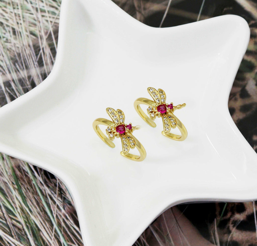 Fuchsia CZ Dragonfly Gold Adjustable Ring, Sku#LK734