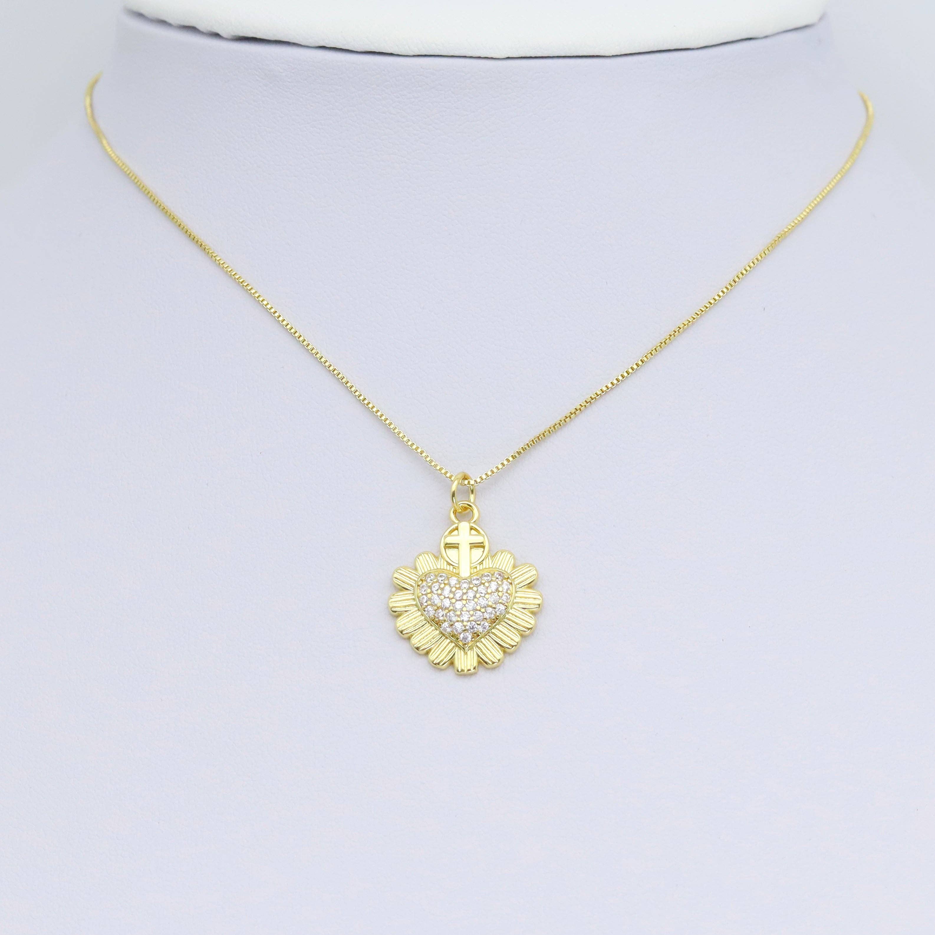 Clear CZ Gold Cross Heart Sunflower Charm Pendant, Sku#Y981