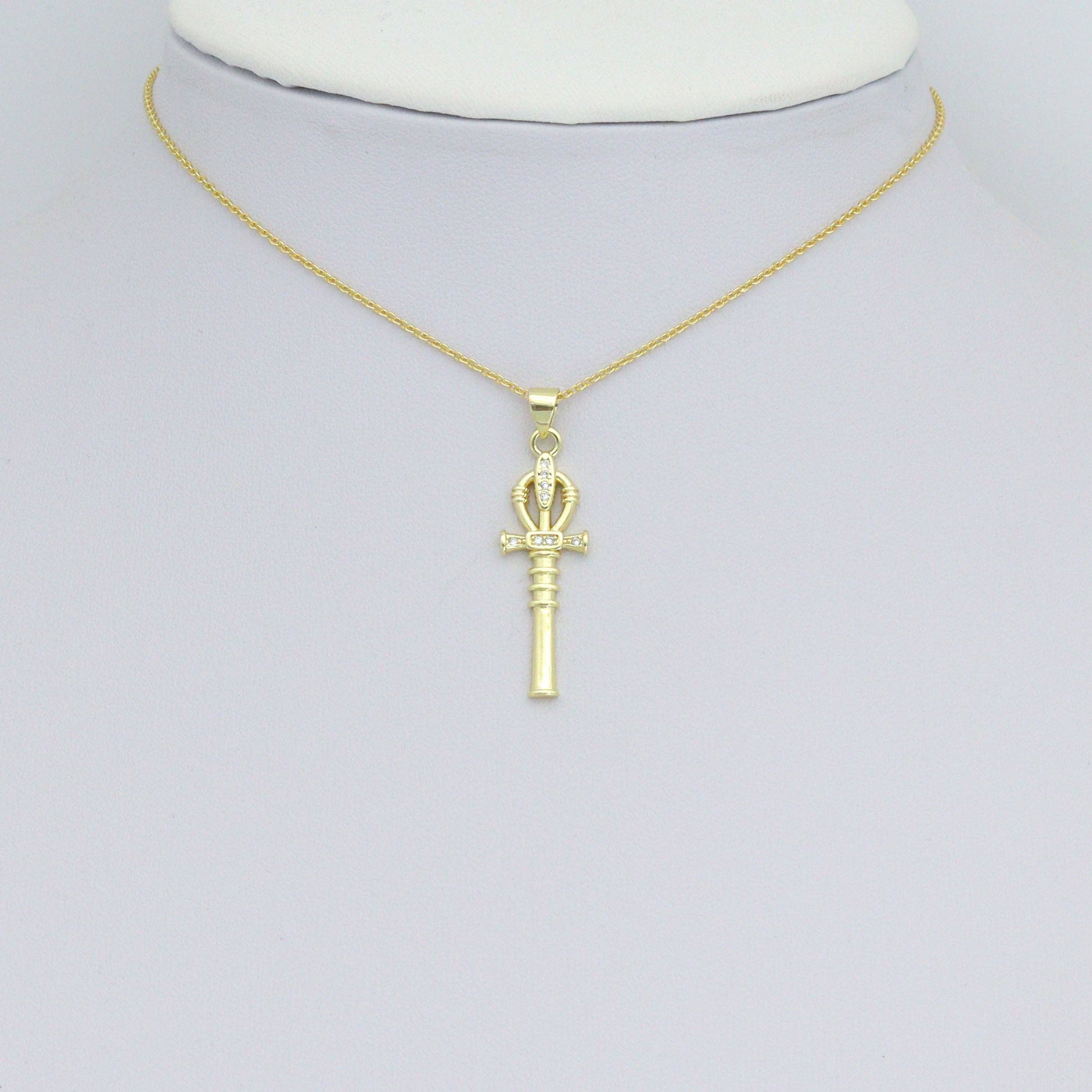 Clear CZ Gold Magic Stick Cross Key Charm Pendant, Sku#LK1164