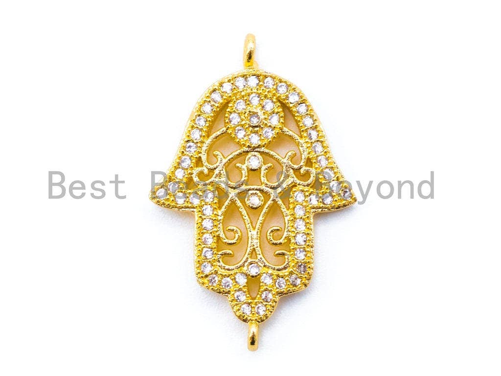 CZ Micro Pave Hollow Floral Hamsa Hand Connector, Cubic Zirconia Gold/Silver/Rose Gold Plated Hand Charm, sku#E202