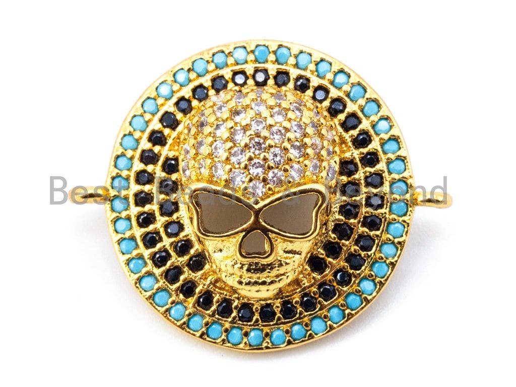 CZ Micro Pave Skull on Round Disc Gold/Silver/Black/ Rose Gold Connector, 20x25x6mm,sku#M40