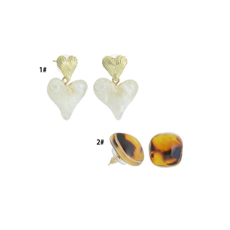 White Heart Brown Square Statement Earrings, Sku#O122