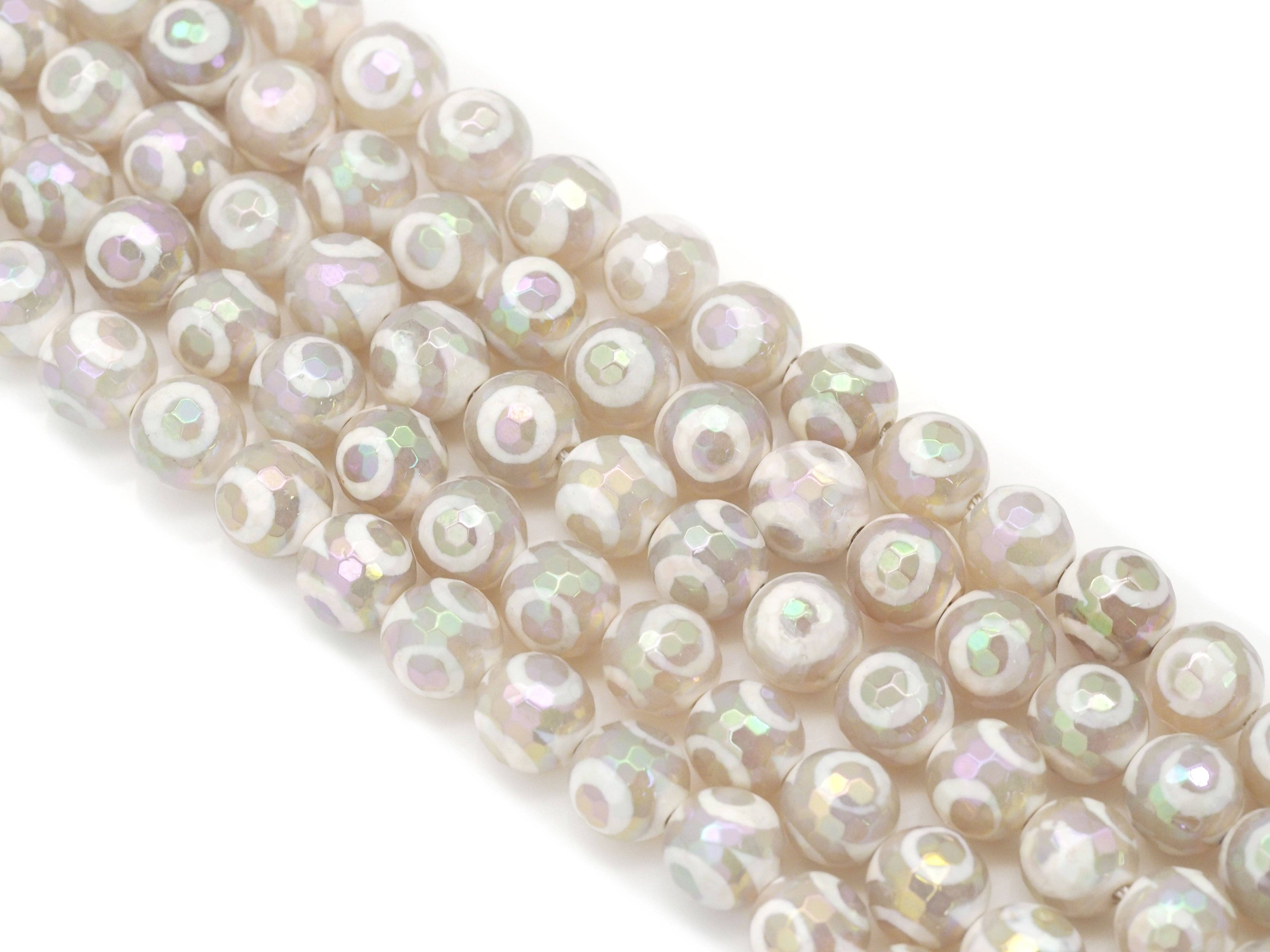 AB Mystic Whtie Tibetan Agate Evil Eye Round Beads, 8mm/10mm