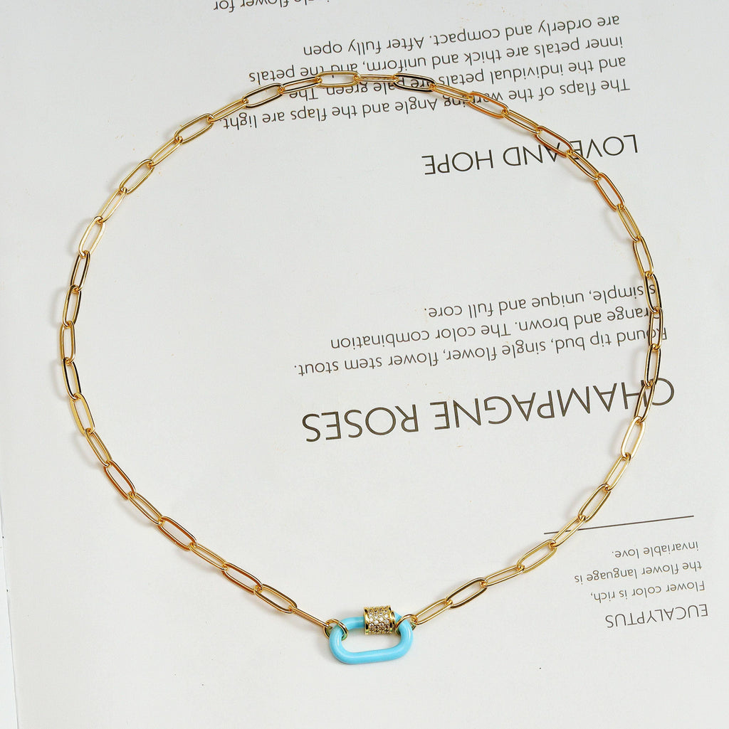 Mini Enamel Oval Clasp Paperclip Necklace, Sku#CL06
