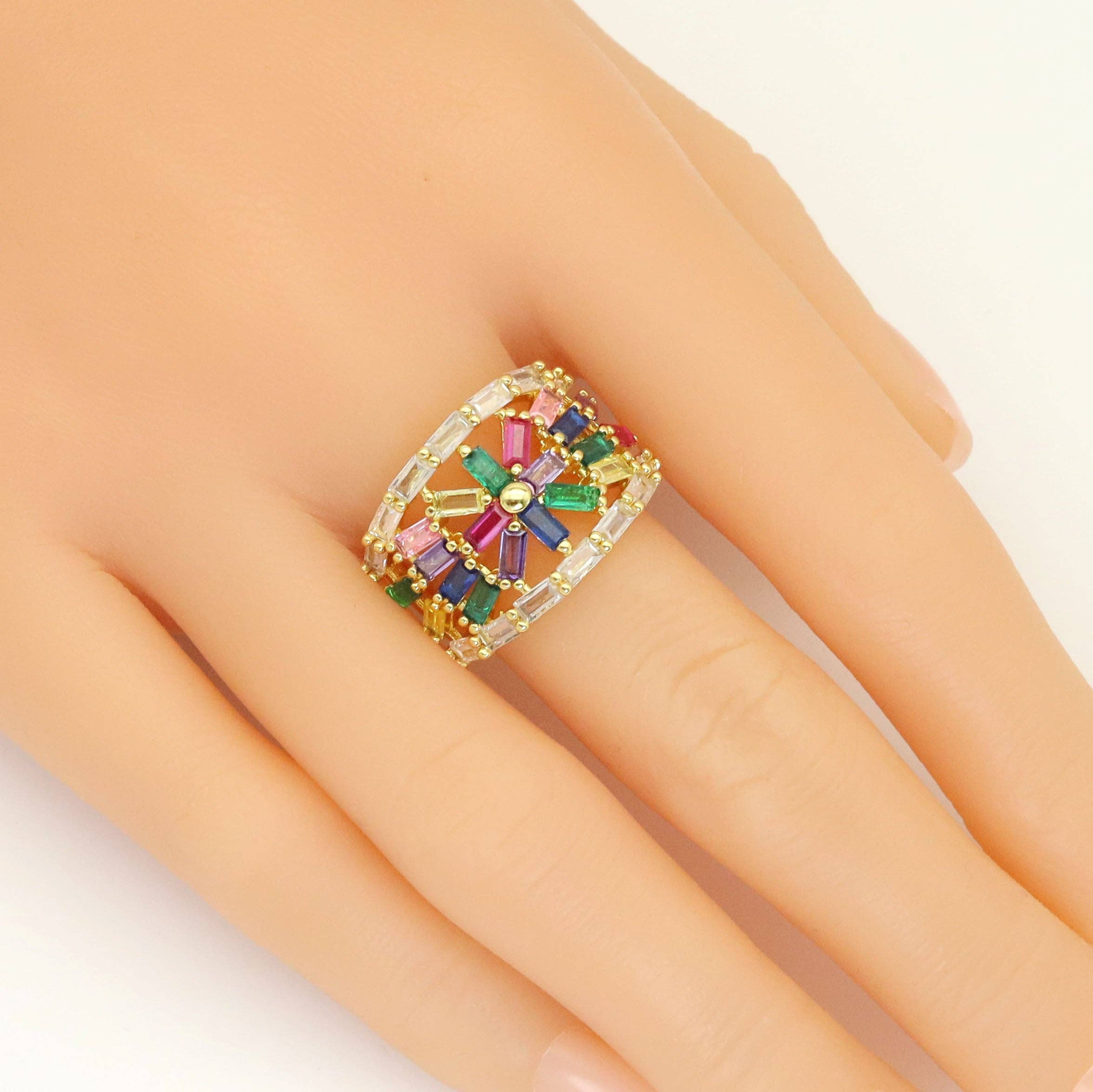 Colorful Baguette CZ Gold Adjustable Ring, Sku#LX499
