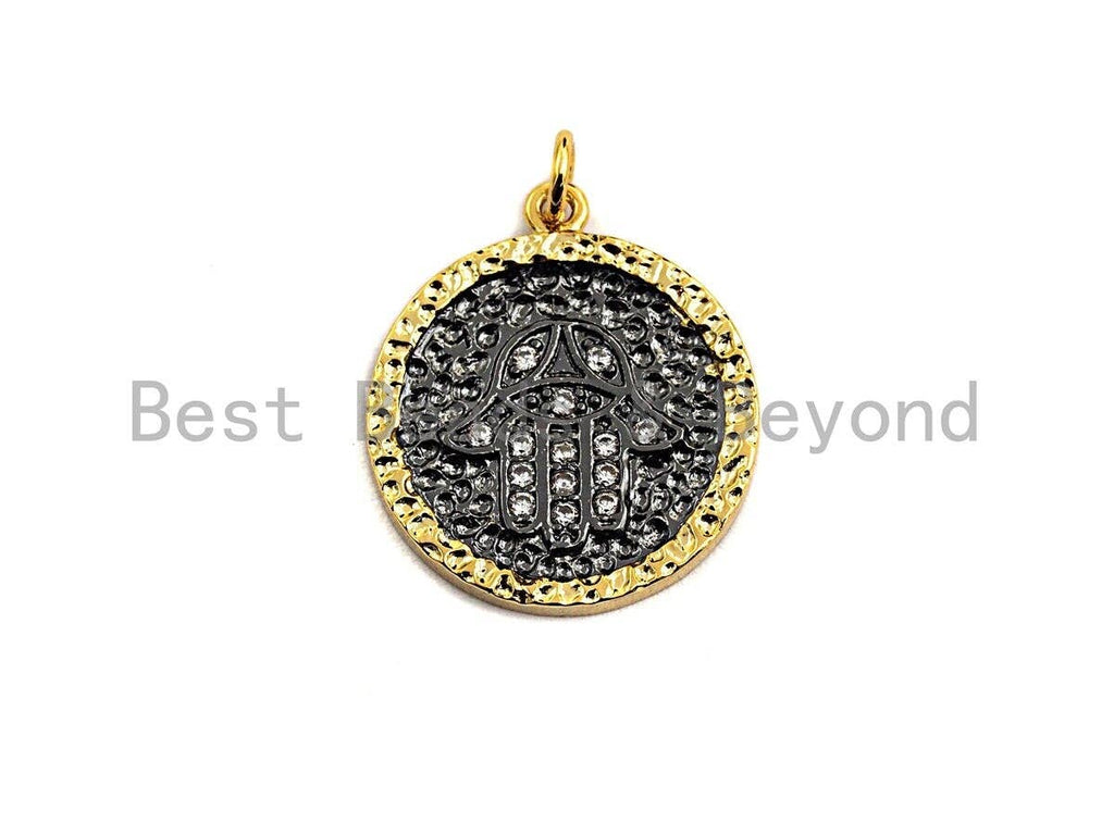 CZ Micro Pave Round Hamsa Hand on Disc Pendant/Charm, Gold-rimmed Black Cubic Zirconia Pendant, Gold Tone,21x24mm,Sku#Z461