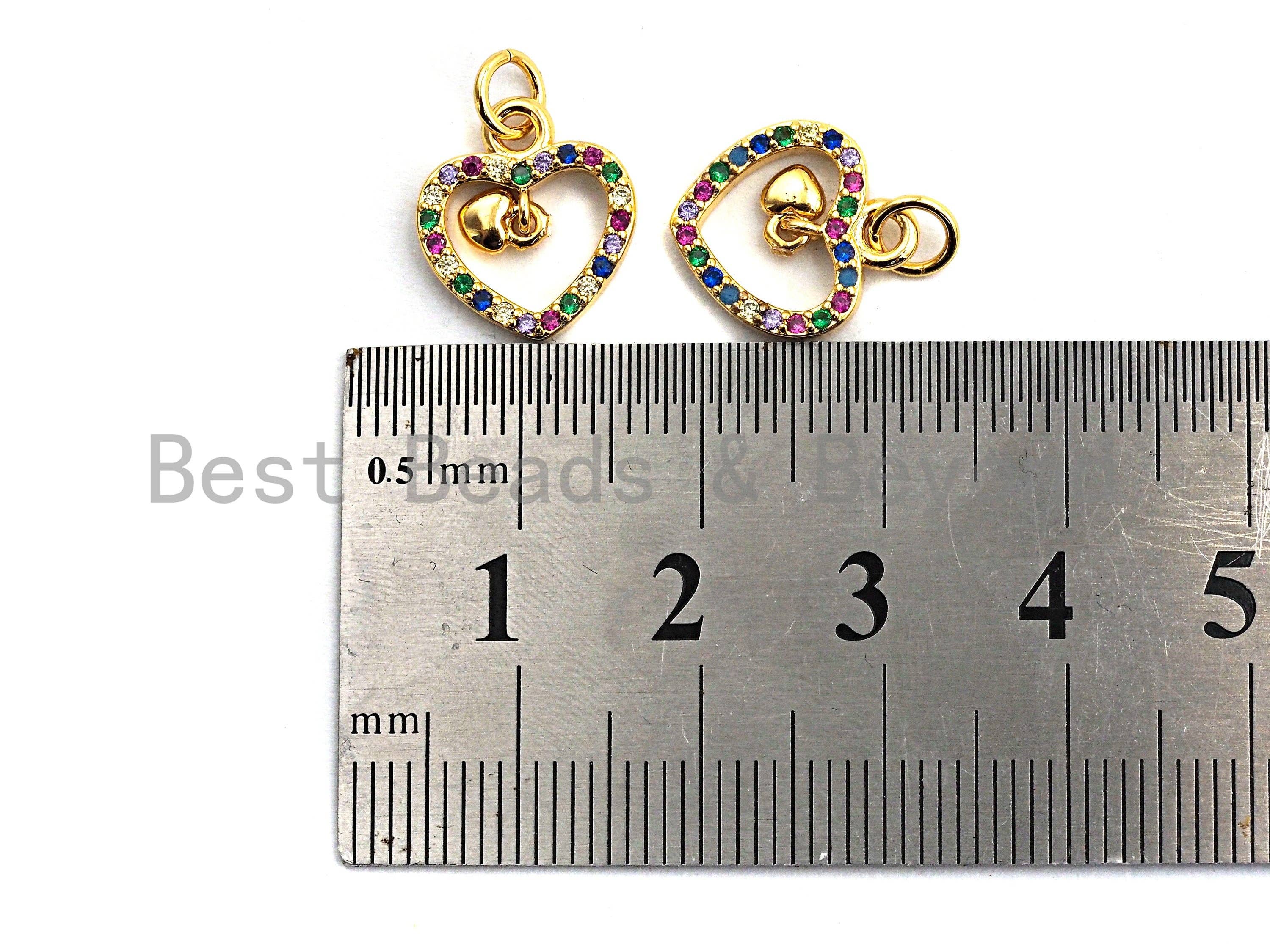CZ Colorful Micro Pave Hollow Heart With Little Dangle Heart Pendant, Heart Shaped Pave Pendant, Gold plated, 12x14mm, Sku#F826