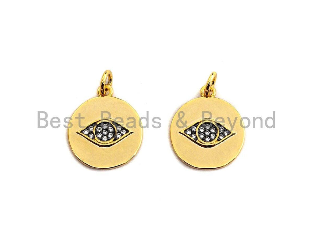 Dual Color CZ Micro Pave Evil Eye on Disc Pendant/Charm,Evil Eye Cubic Zirconia Pendant, Gold Tone,14x17mm,Sku#Z441
