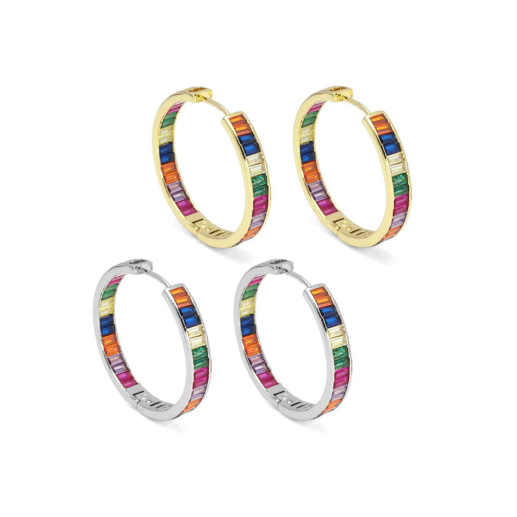Colorful Baguette CZ Hoop Earrings, Sku#LD470c