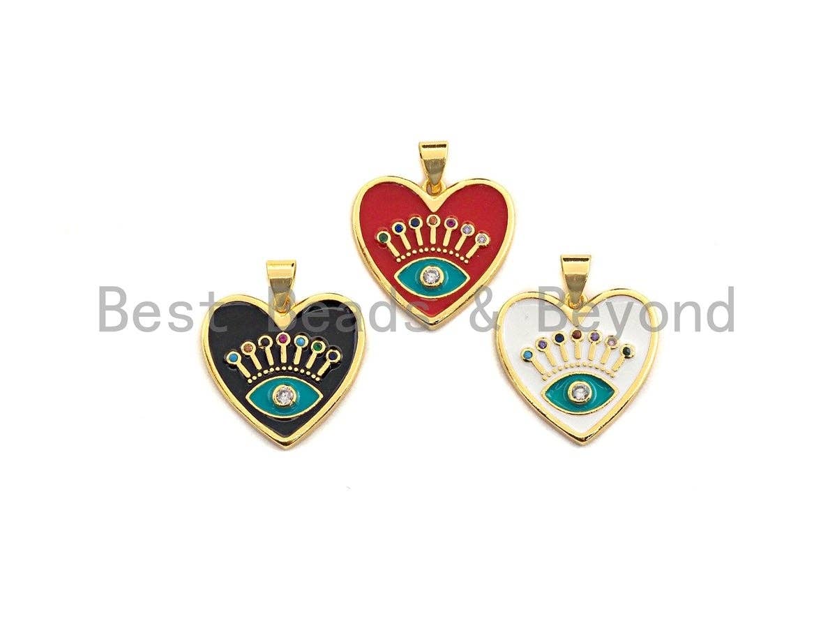 Enamel White/Red/Black Evil eye on Heart pendant, Enamel heart charm, Protection Evil eye charm, 19mm, sku#Z639