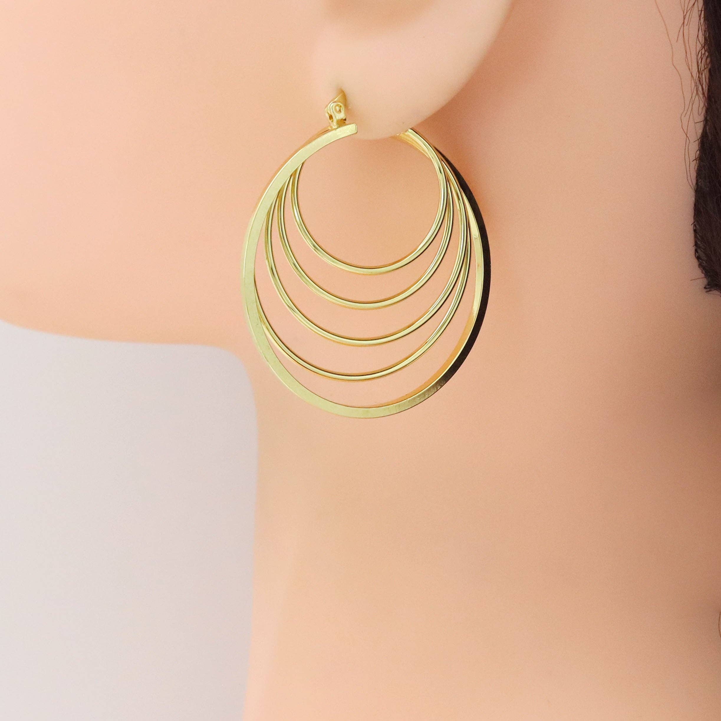 Gold Silver Mult Oval Line Hoop Earrings, Sku#LD603