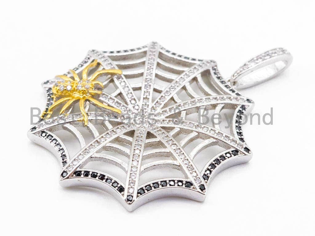 CZ Micro Pave Spide Web Pendant, CZ Spider Halloween Charm, Silver/Gold/Rose Gold/Gunmetal Color, 37x46mm, 1pc,SKU#F299