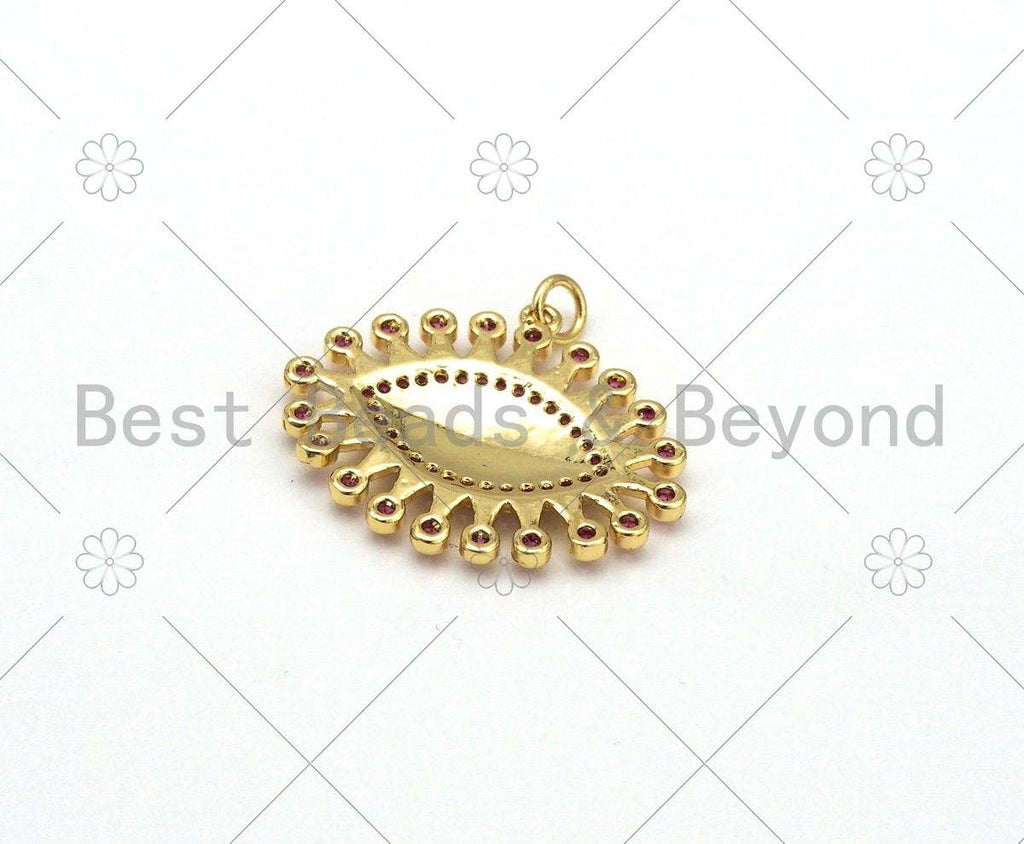 18k Gold Filled Fuchsia CZ Micro Pave Evil Eye Shape Pendant/Charm,Evil Eye CZ Pendant,Gold Tone,30x25mm,Sku#Y501
