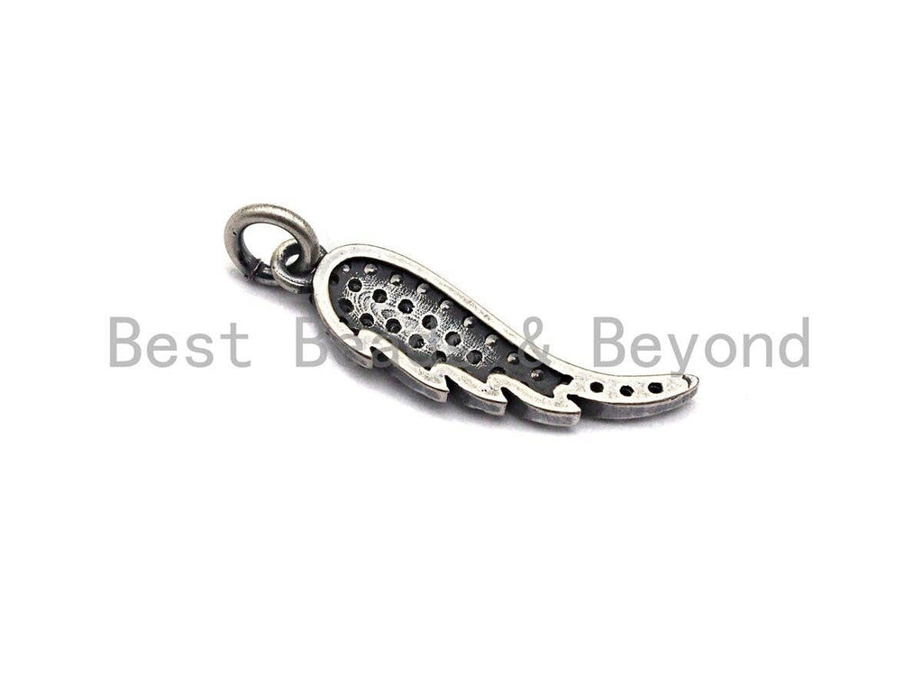 Rhidium CZ Micro Pave Angel Wing Pendant/Charm, Antique Silver Color Wing, Cubic Zirconia Pendant Charm, 6x23mm,sku#X116