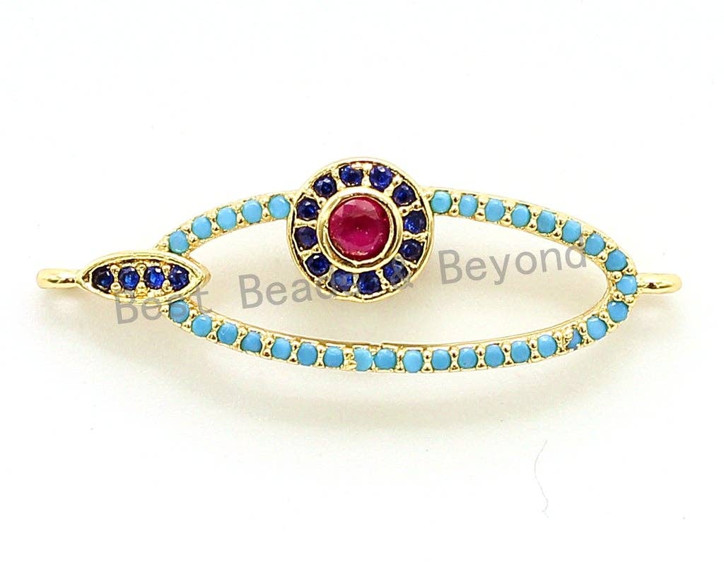 CZ Micro Pave Turquoise Hollow Evil Eye Connector for Bracelet/Necklace, Cubic Zirconia Space Connector, Jewelry Findings,10x31mm,sku#E53C