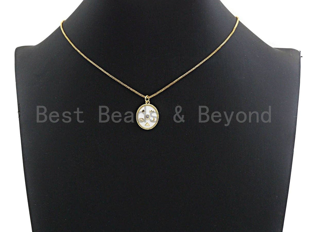 CZ Pave White Cobalt Enamel Star Moon on Round Pendant,Ename