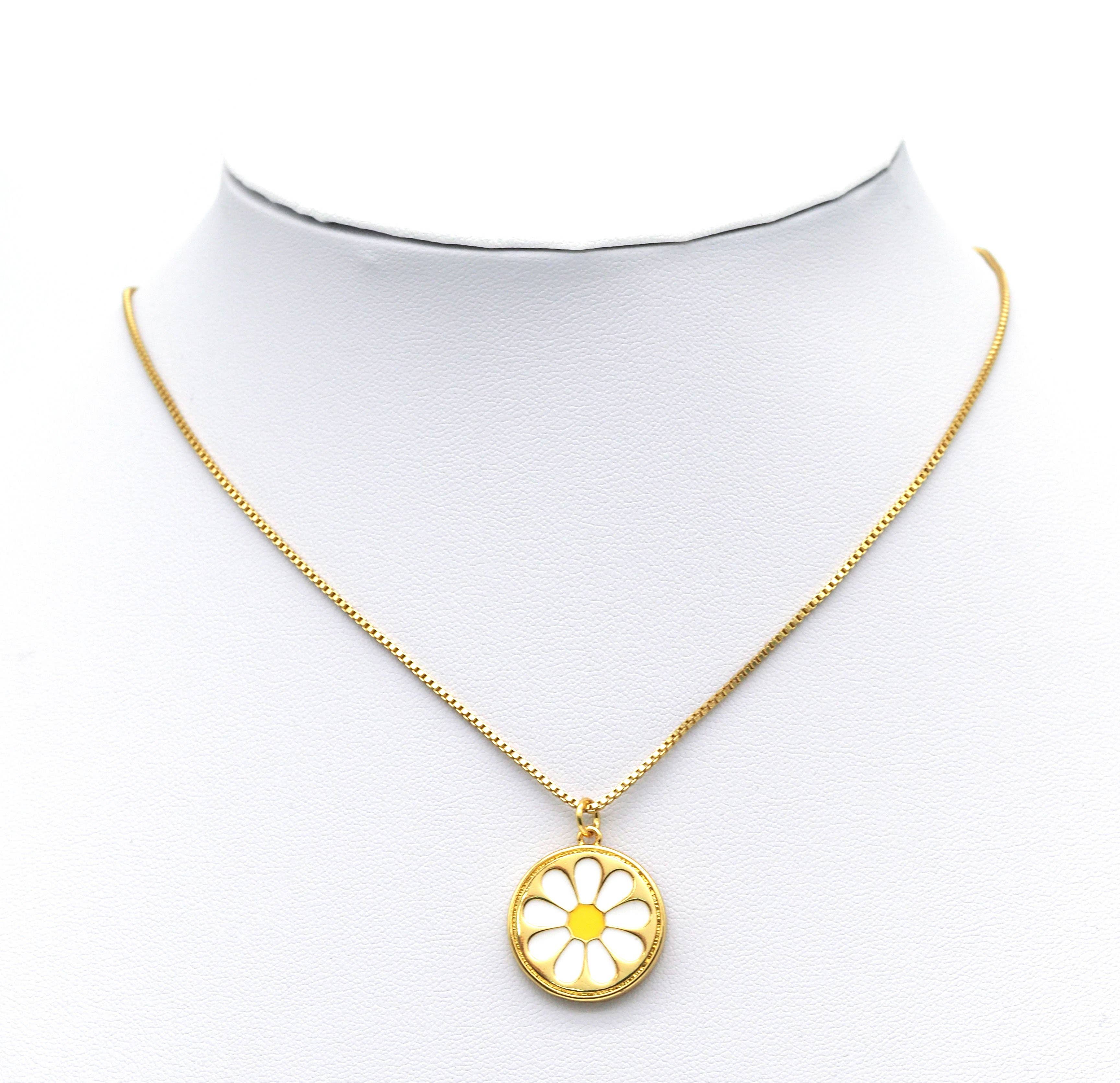 White Enamel Daisy Flower On Round Coin Pendant, Sku#L648