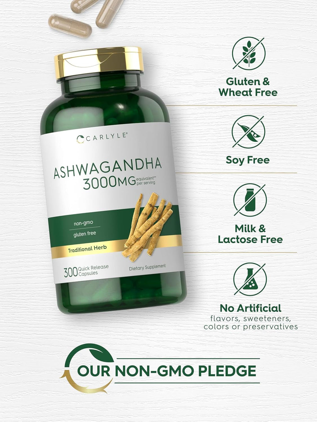 Carlyle Ashwagandha Supplement for Women and Men | 300 Capsules | Herb Root Extract with Black Pepper | Non-Gmo and Gluten Free