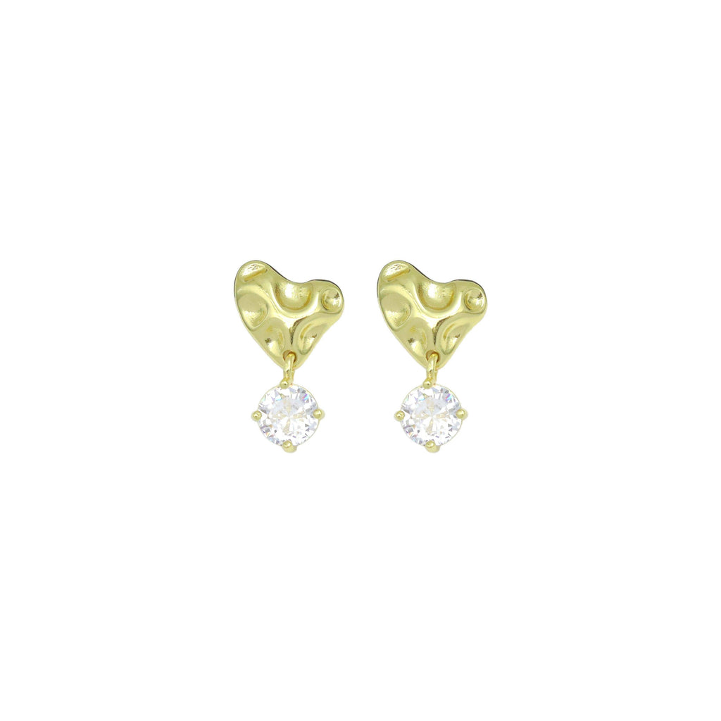 Big CZ Hammered Heart Stud Earrings, Sku#LK1066