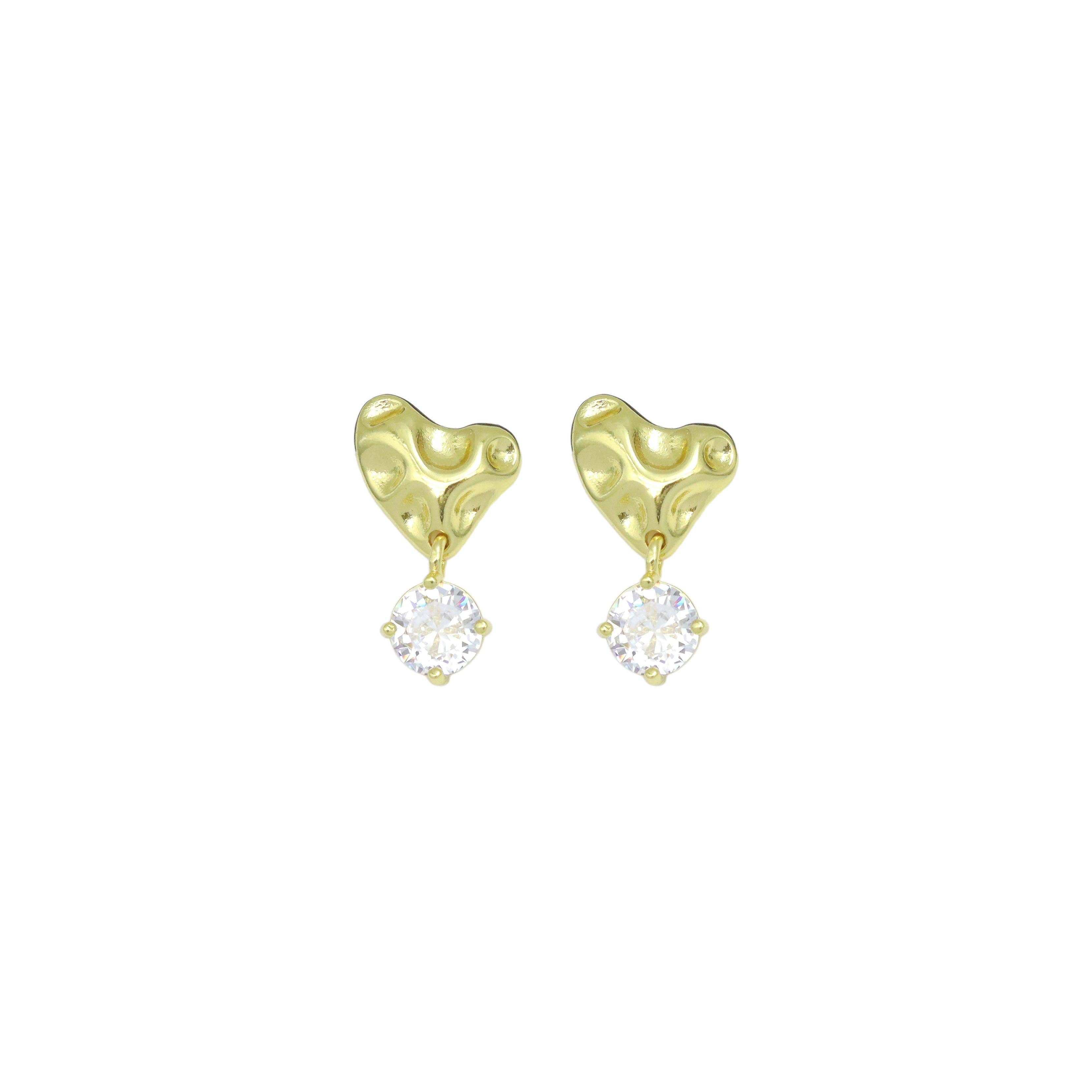 Big CZ Hammered Heart Stud Earrings, Sku#LK1066