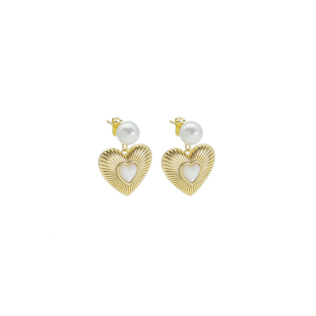 CZ Gold Heart White Pearl Earrings, Sku#ZX190