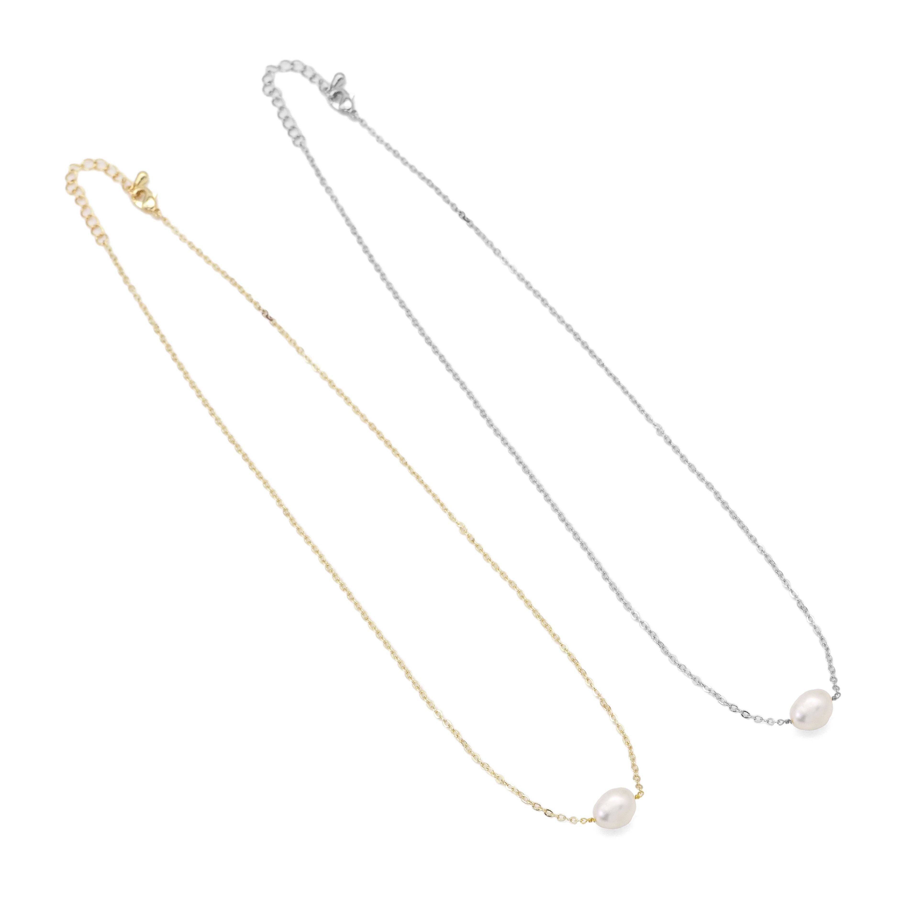 Gold Silver White Pearl Chain Necklace, Sku#EF462