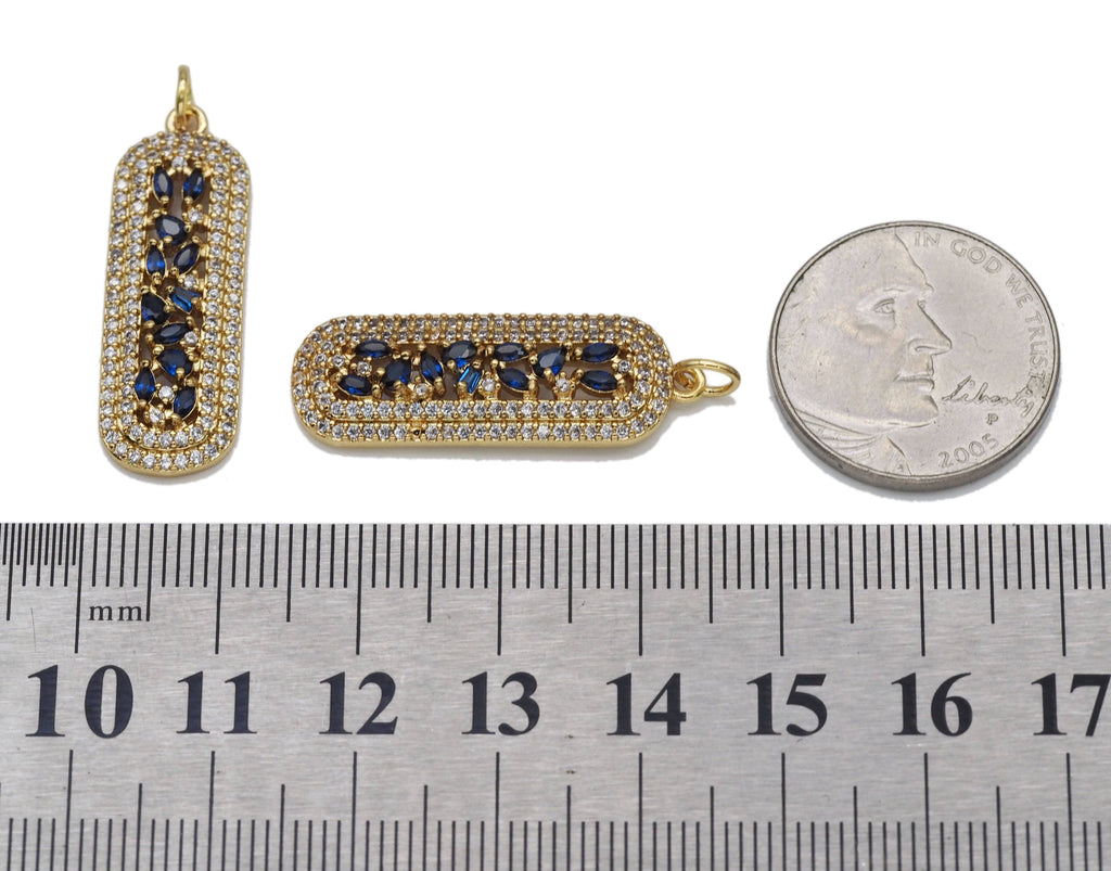 Gold Cobalt CZ Long Oval Bar Charm, Sku#LK699