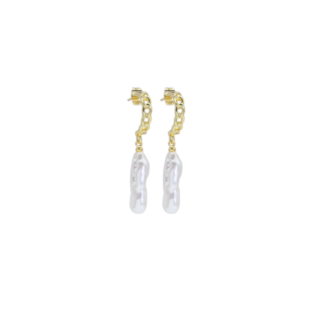White Pearl Twisted Gold Hoop Stud Earrings, Sku#LX449