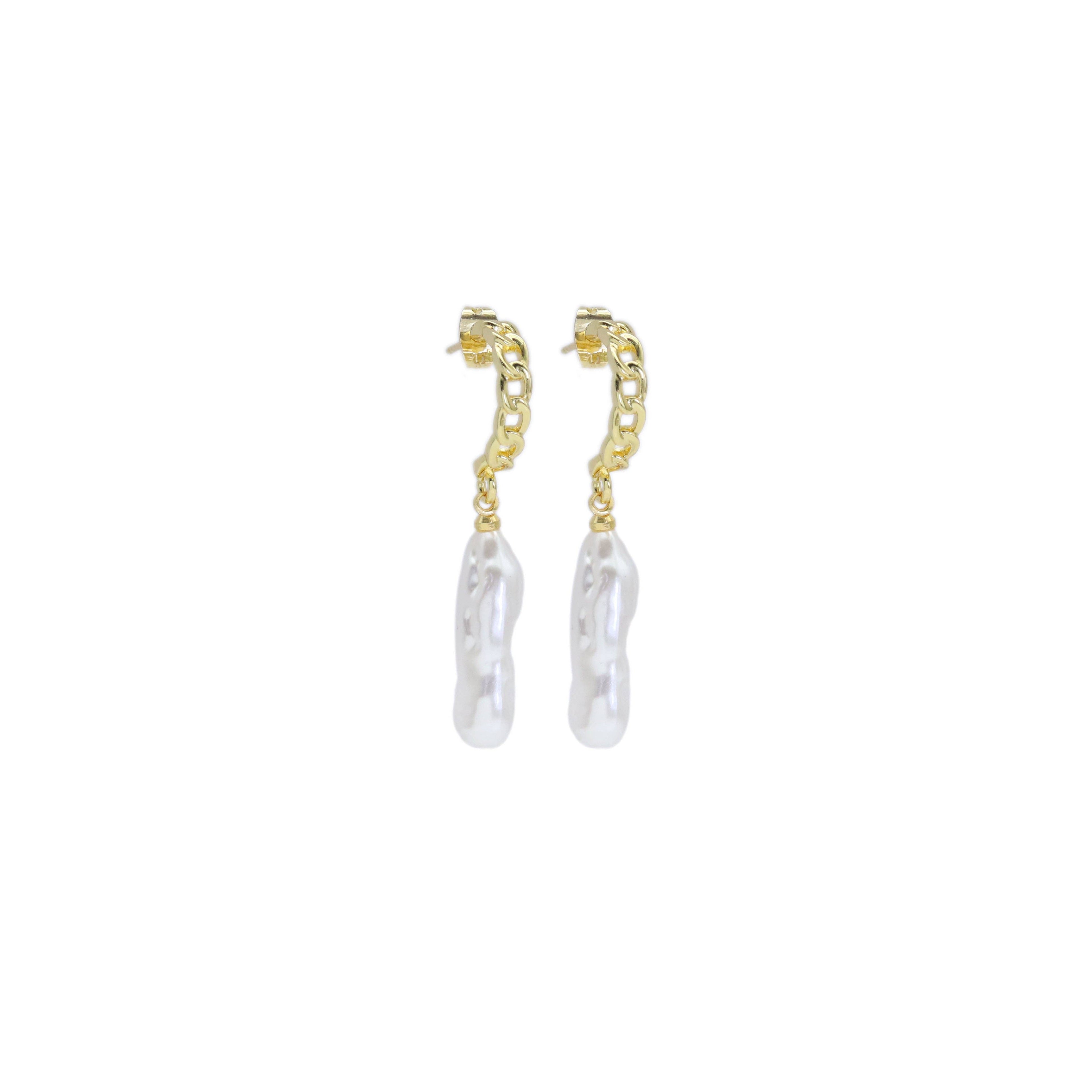 White Pearl Twisted Gold Hoop Stud Earrings, Sku#LX449
