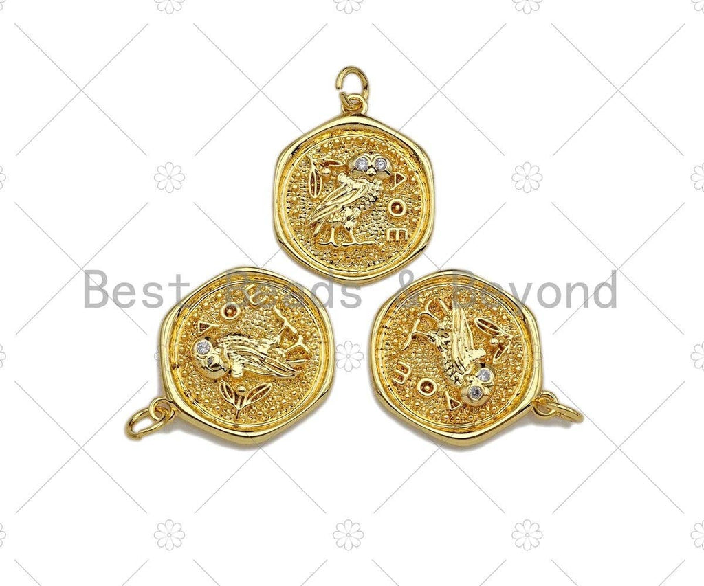 18k Dainty Gold Cute Bird On Round Coin Shape Charms,  Sku#F1317C