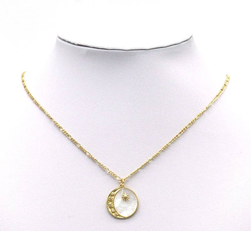 Gold CZ Cresent Moon North Star ON Round MOP Charm, Sku#Z1459C
