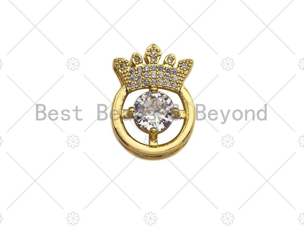 18K Gold Micro CZ Pave with Big CZ Crown Pendant, Gold Crown Charm,  Crown Beads, Jewelry Findings, 14x20mm, sku#LK47