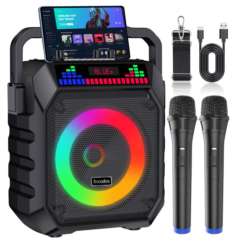 Socodox Karaoke Machine for Adults & Kids Portable Bluetooth 5.2 Speaker with 2 Wireless Microphones RGB Lights AUX USB TF AUX Home PA System for Family Party Outdoor Fun