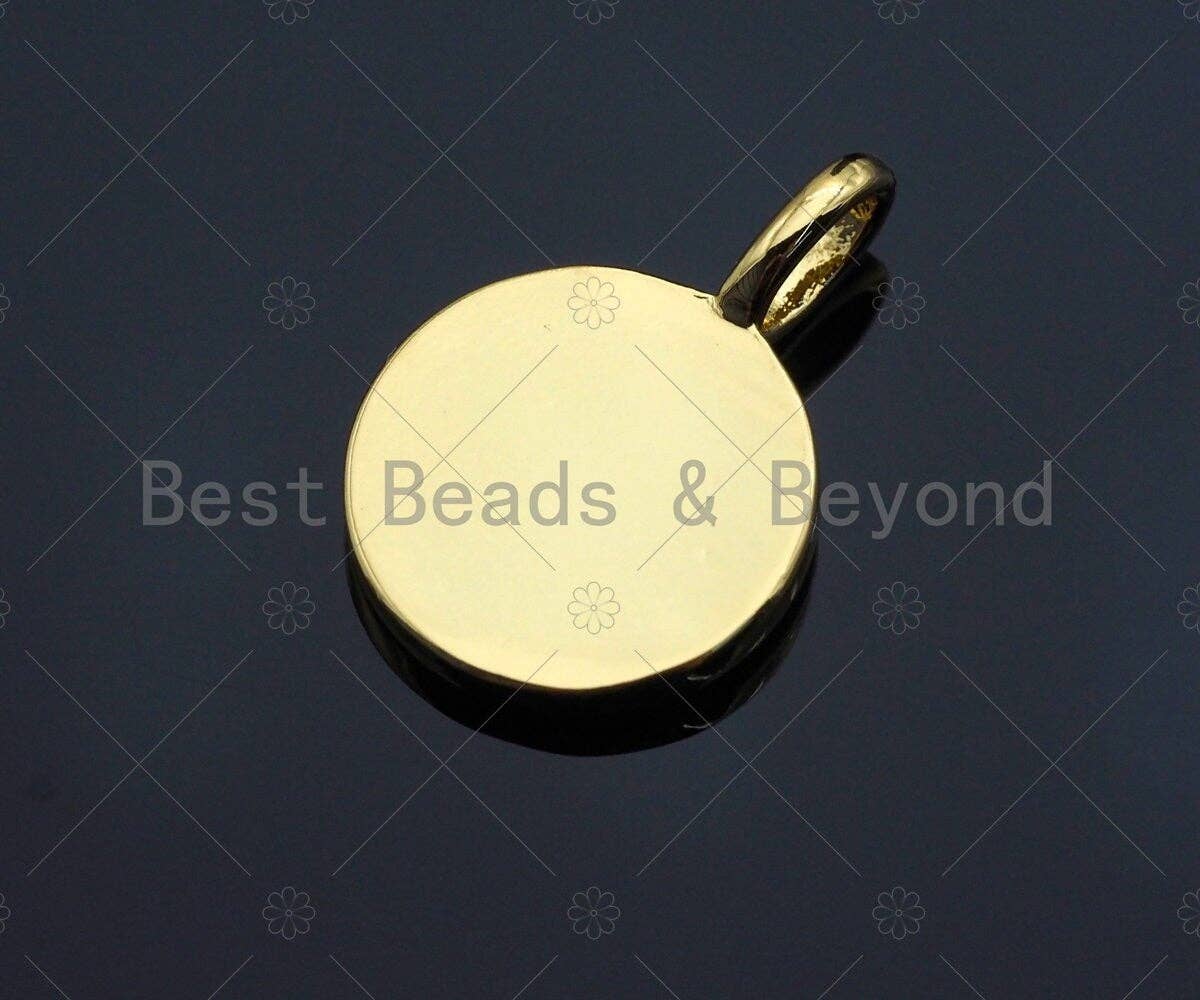 18k Shiny Gold Rose Flower On Round Coin Charms, Dainty Gold Charms, Flower Pendant, Gold Pendant, Round Necklace Charms, 12x18mm, Sku#Z1175