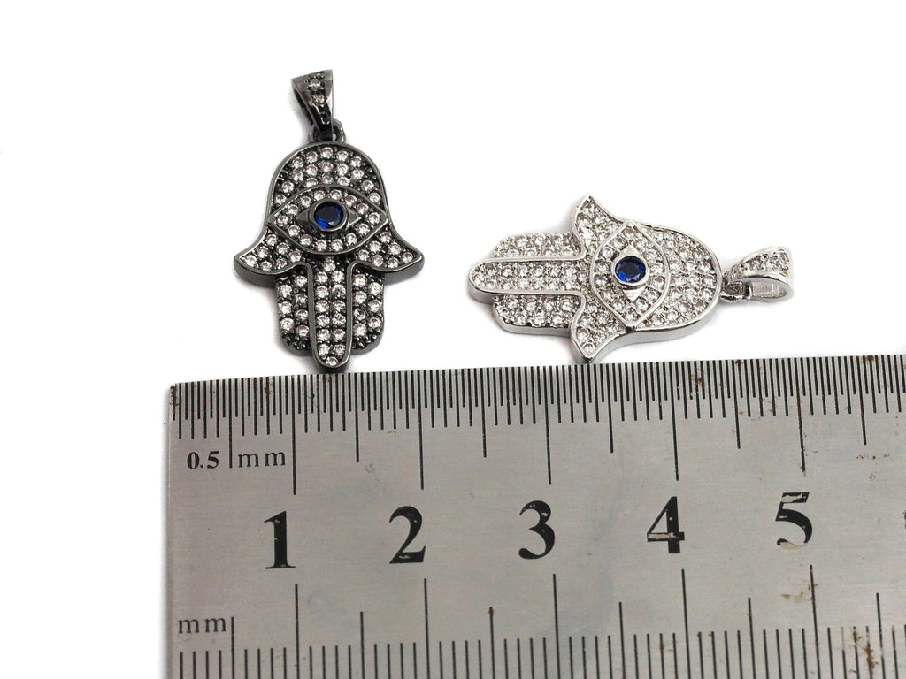 Clear Cobalt Blue CZ Micro Pave Evi Eye On Hamsa Hand Shaped Pendant/Charm, Cubic Zirconia Pendant Charm,15x23mm,sku#Z570