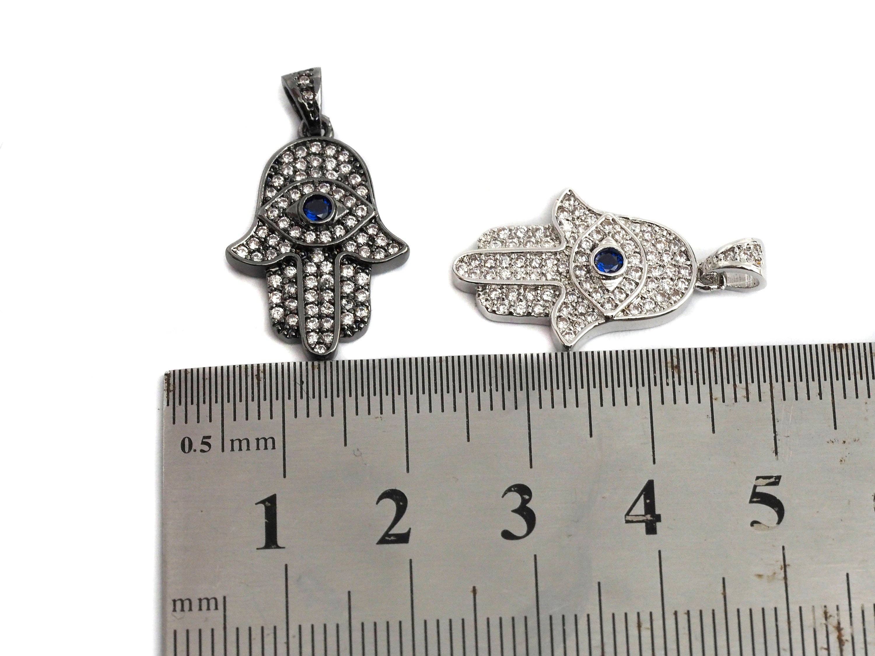 Clear Cobalt Blue CZ Micro Pave Evi Eye On Hamsa Hand Shaped Pendant/Charm, Cubic Zirconia Pendant Charm,15x23mm,sku#Z570