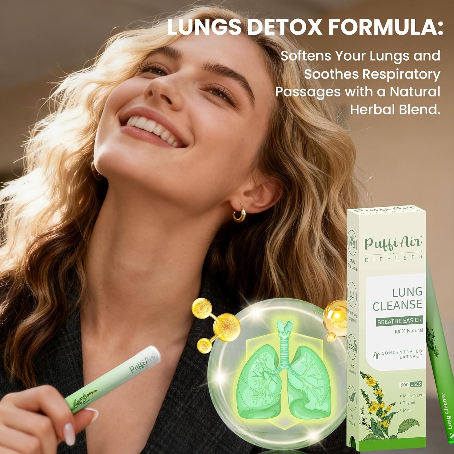 Herbal Diffuser Pen, Detox Diffuser with Mullein, Thyme & Mint for Better Breathing, All Natural Swap - up to 600 Uses (Varies by Usage), 2 Diffusers, 1 Pack