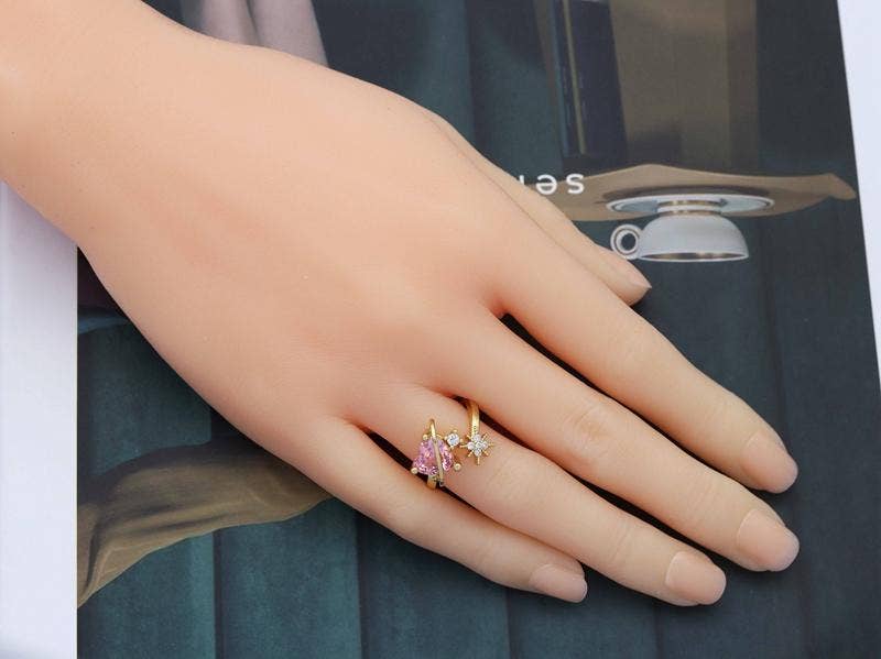 Red/Green/Pink CZ Heart with Star Adjustable Ring, Sku#LD285